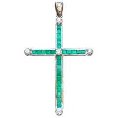 Vintage Pure Square Emerald and Diamond Cross Pendant in 18 Kt White Gold