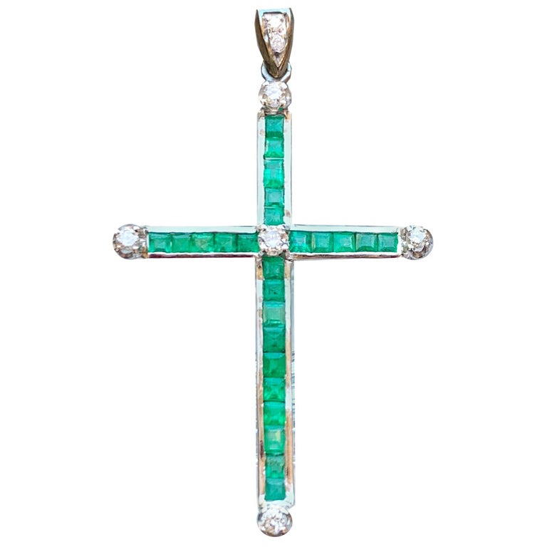 Vintage Pure Square Emerald and Diamond Cross Pendant in 18 Kt White ...