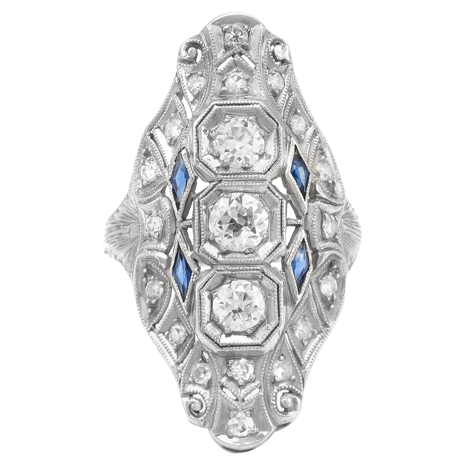 1.60 Carat Art Deco Diamond Dinner Ring with Sapphires For Sale