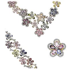 Diamond Sapphire Flower Yellow Gold  Jewelry Set