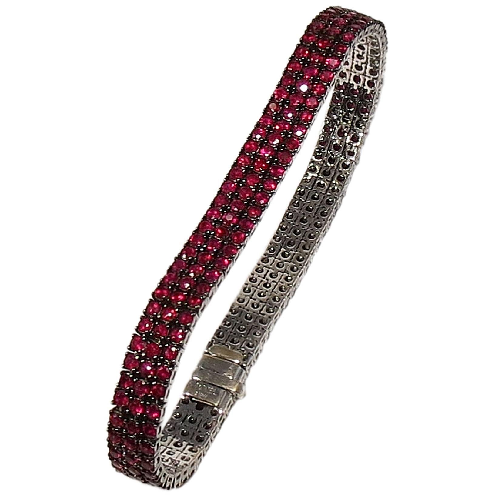 Round Cut Jona Three Row Ruby 18 Karat White Gold Tennis Bracelet