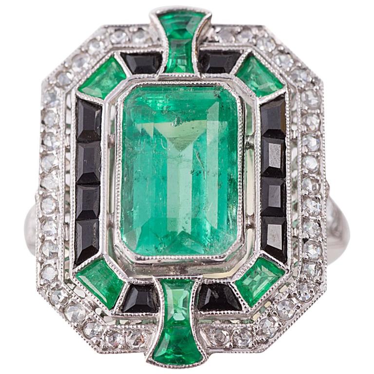 Emerald Diamond Black Onyx Platinum Ring at 1stDibs