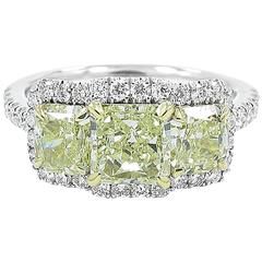 Three Stone Fancy Yellow Diamond Two Color Gold Engagement Ring 4