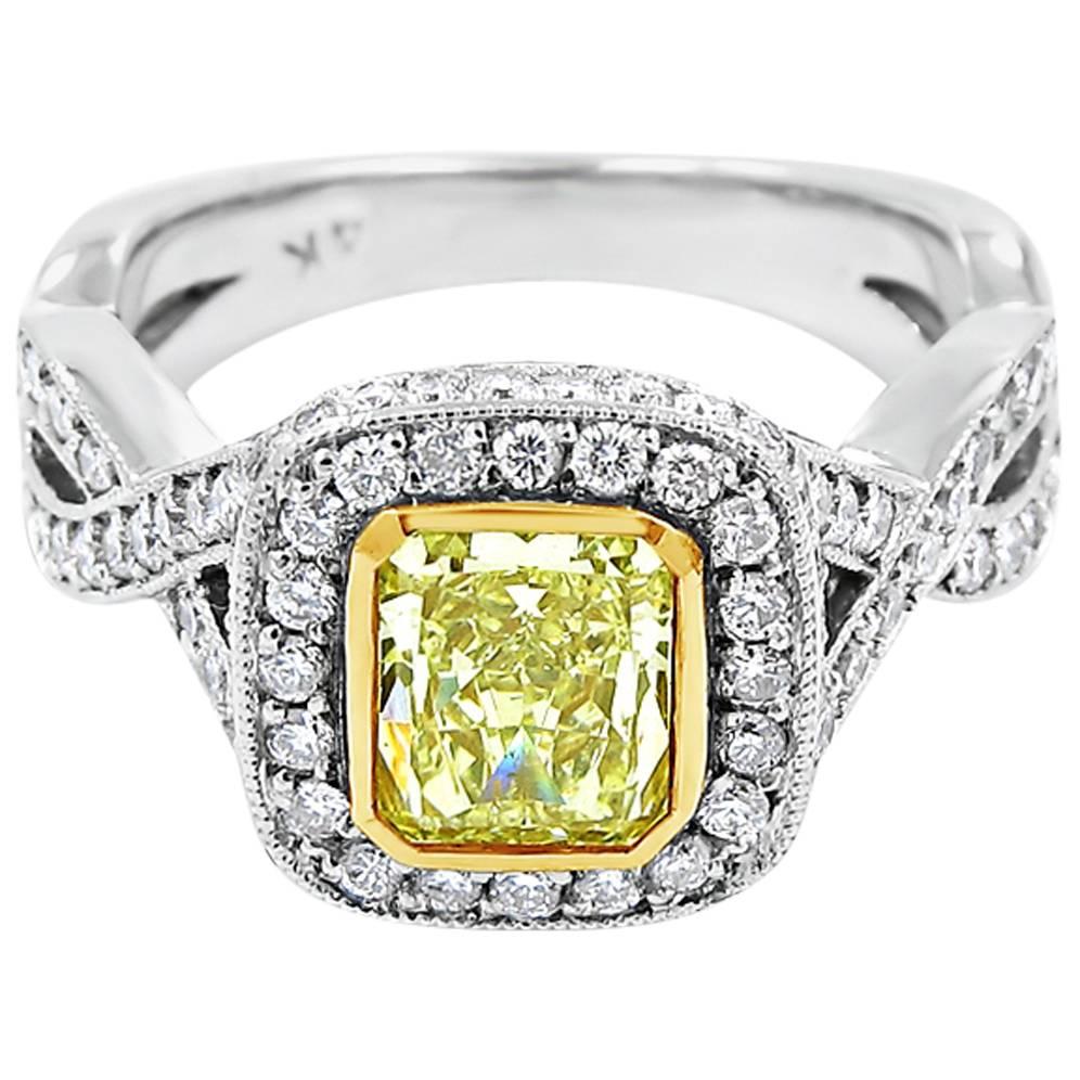 Fancy Yellow Radiant Diamond Engagement Ring For Sale