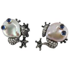 Jona Pearl Sapphire Diamond Gold Frog Earrings 4