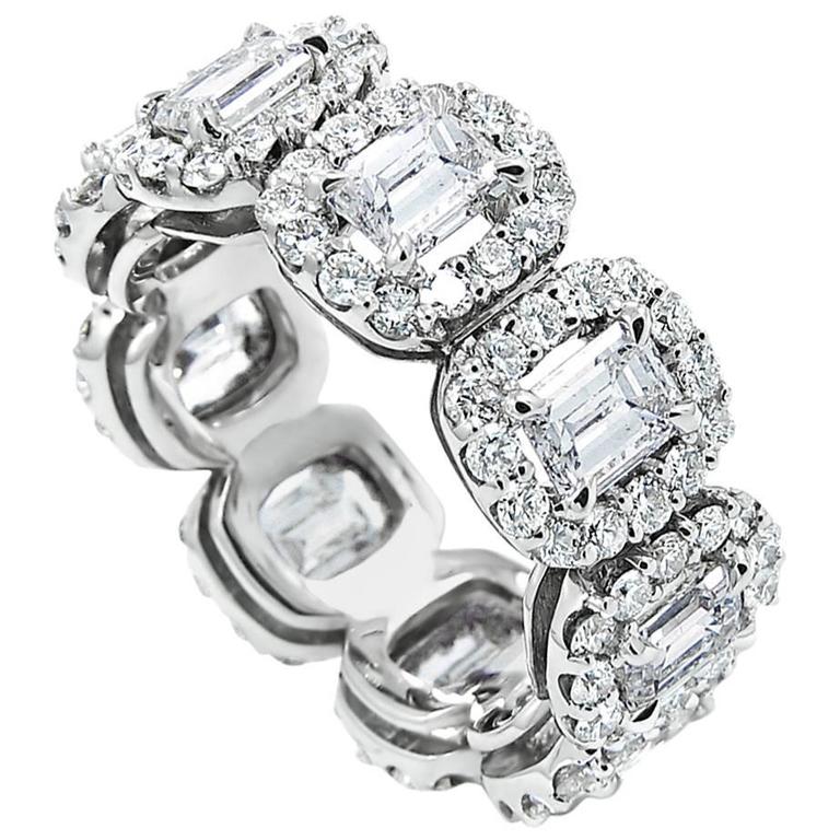 Emerald Cut Diamond gold Eternity Band Ring with Halo For Sale at 1stDibs