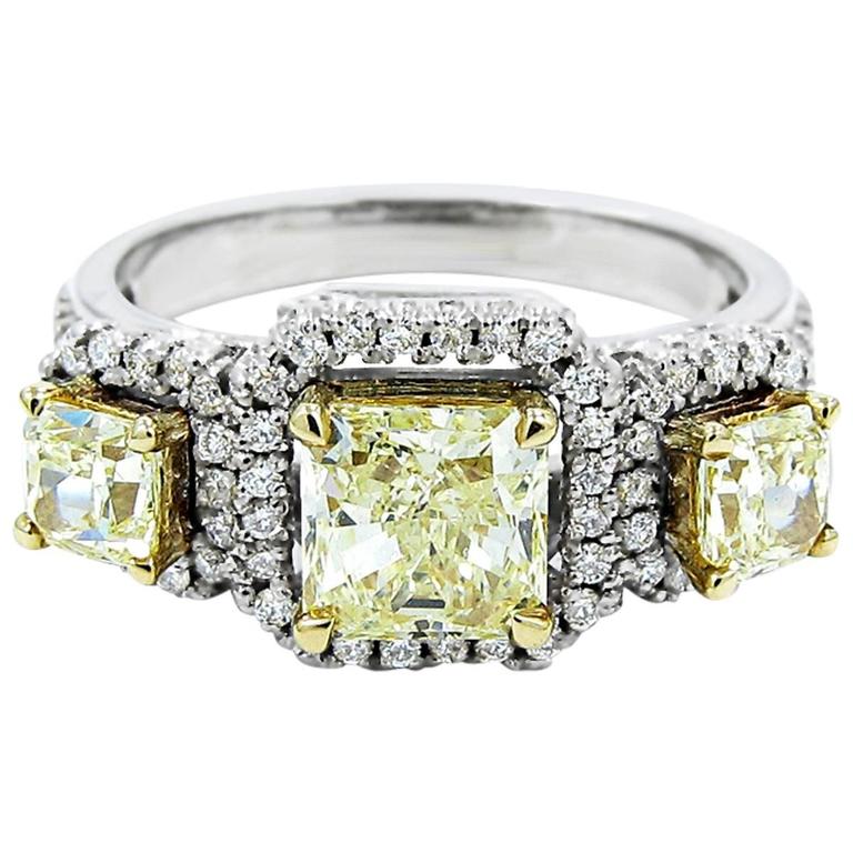 Fancy Yellow Diamond 3 Stone Engagement Ring For Sale at 1stDibs