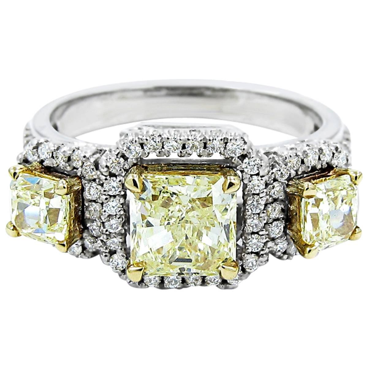 Fancy Yellow Diamond 3 Stone Engagement Ring For Sale