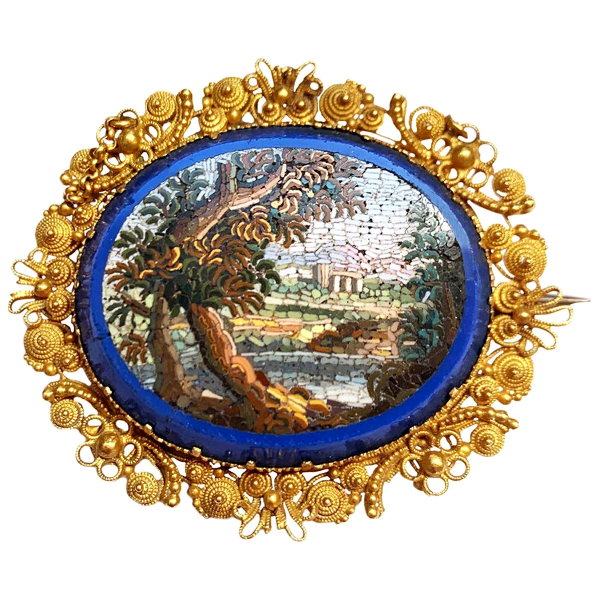 Gold Brooch-Pendant with Micromosaic from "Studio Vaticano del Mosaico" Mid-1800 For Sale