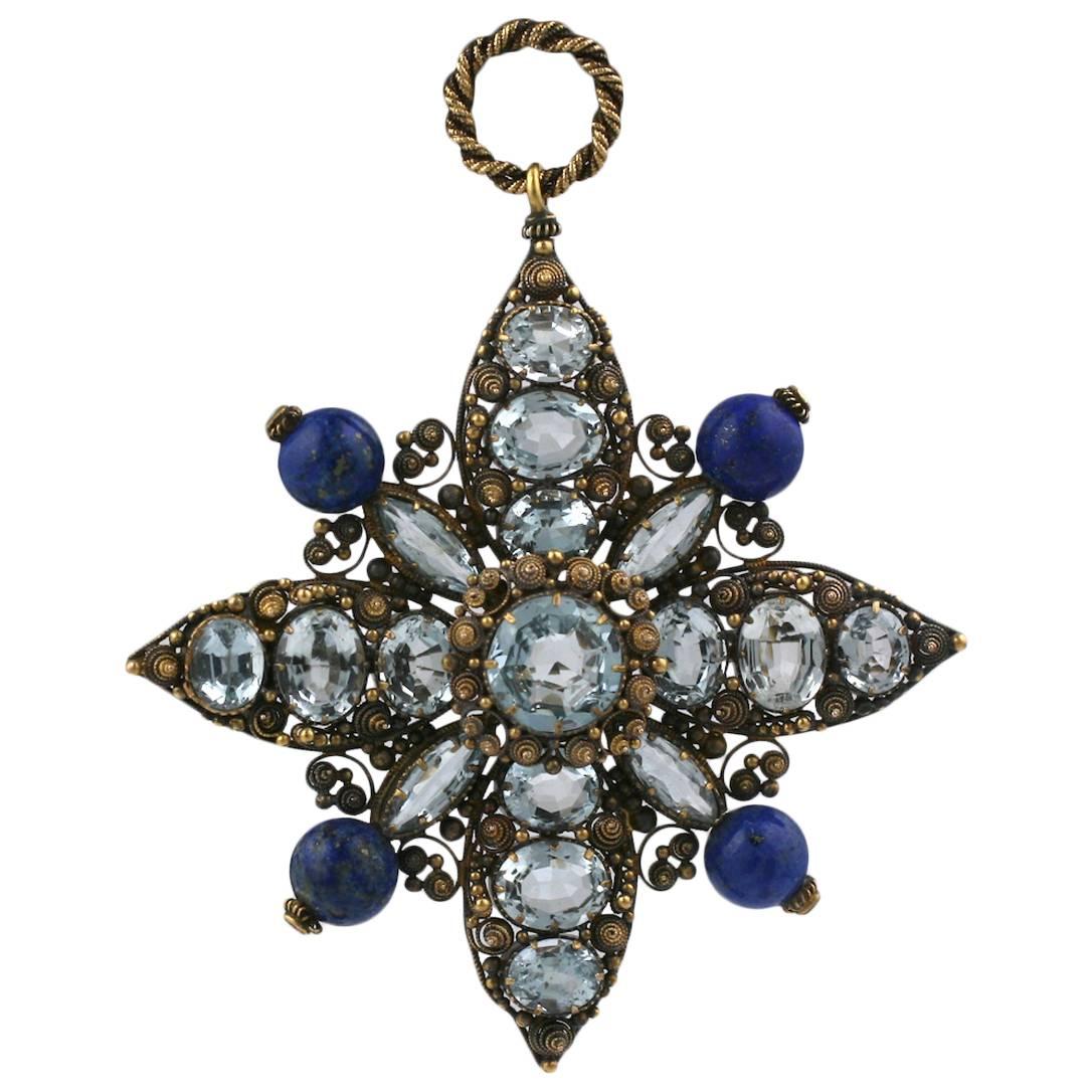 Georgian Aquamarine Lapis Cannetille Pendant Brooch For Sale