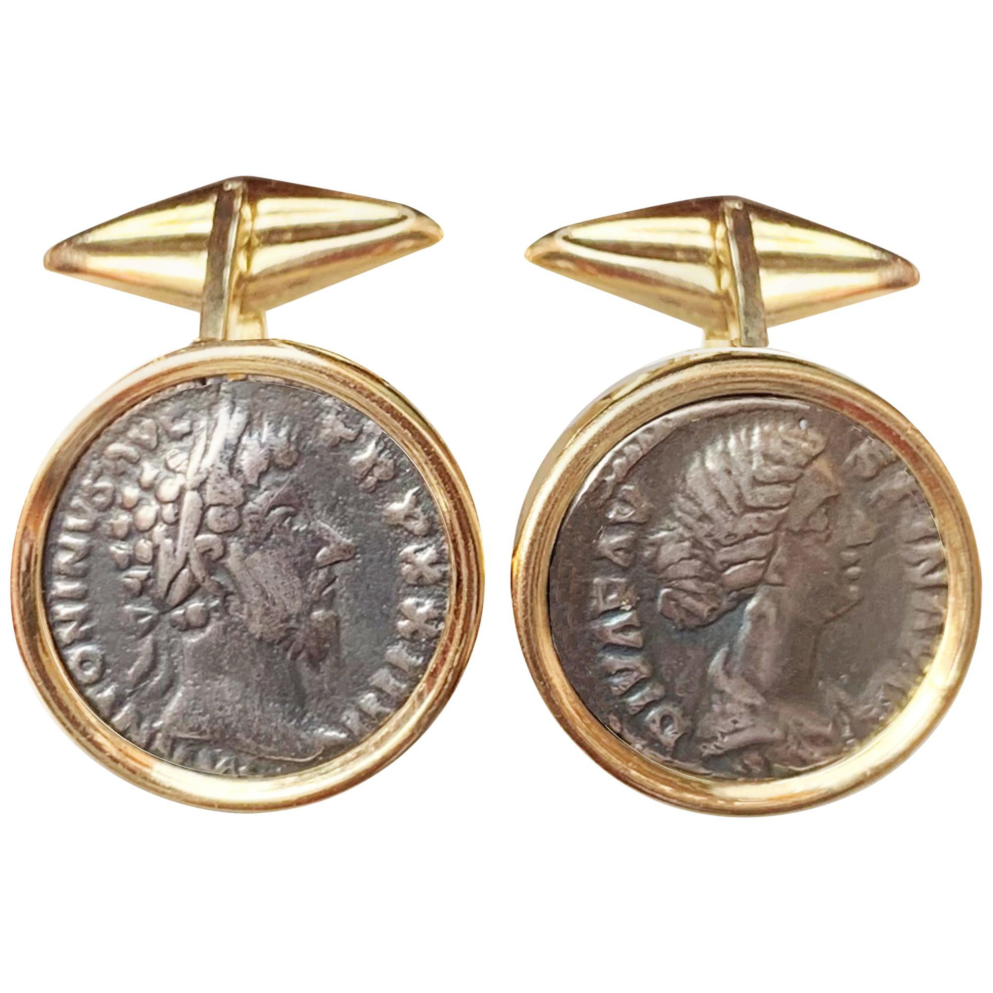 Römische Silbermünze 2. Jahrhundert n. Chr. Marcus Aurelius und Faustina 18 Kt Gold Manschettenknöpfe  im Angebot