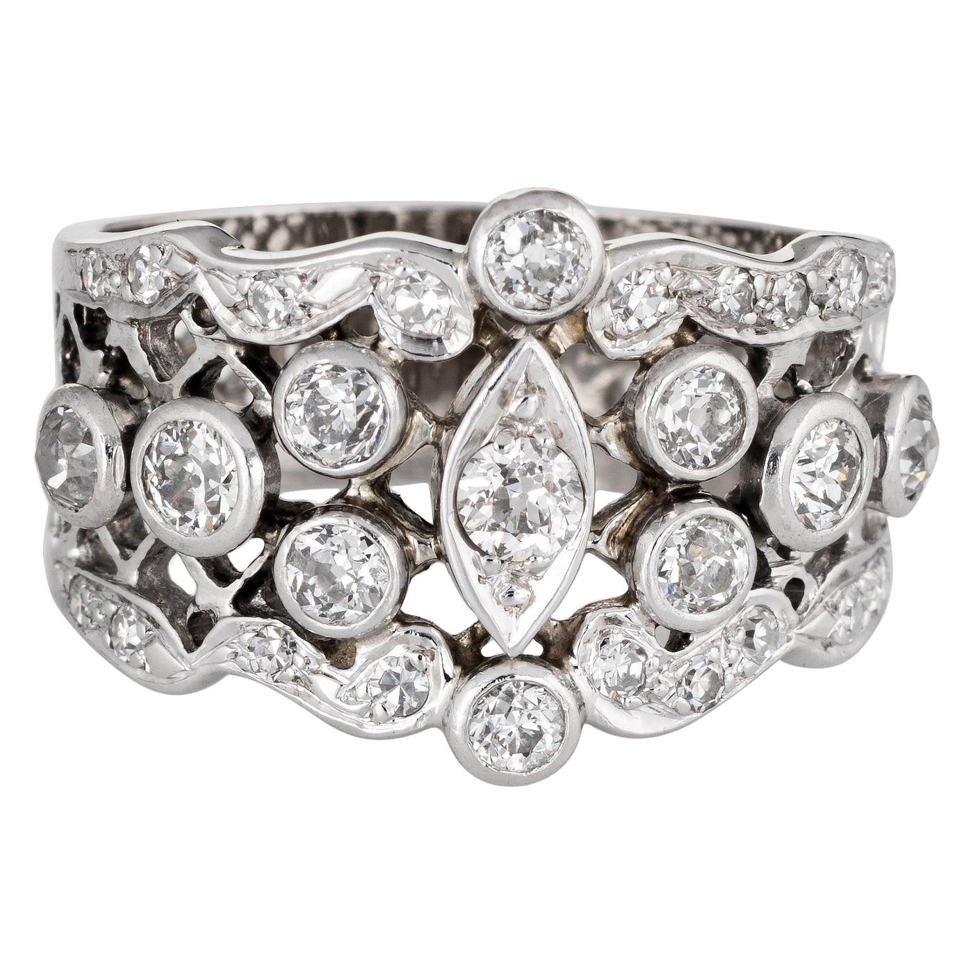 Vintage Diamond Wide Band 14 Karat White Gold Ring Lattice Design Estate Jewelry