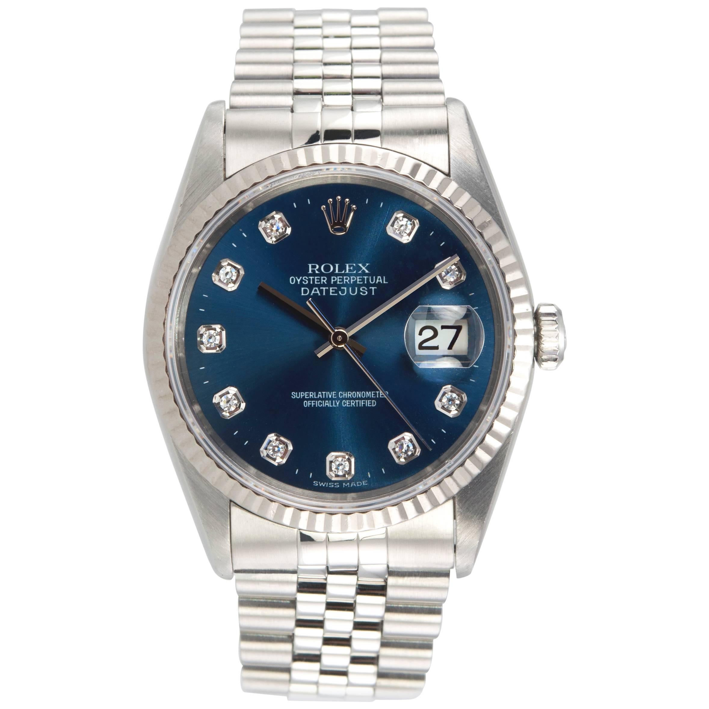 Rolex Stainless Steel Diamond Blue Dial DateJust Wristwatch Ref 1623 For Sale