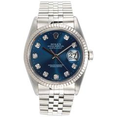 Rolex Stainless Steel Diamond Blue Dial DateJust Wristwatch Ref 1623