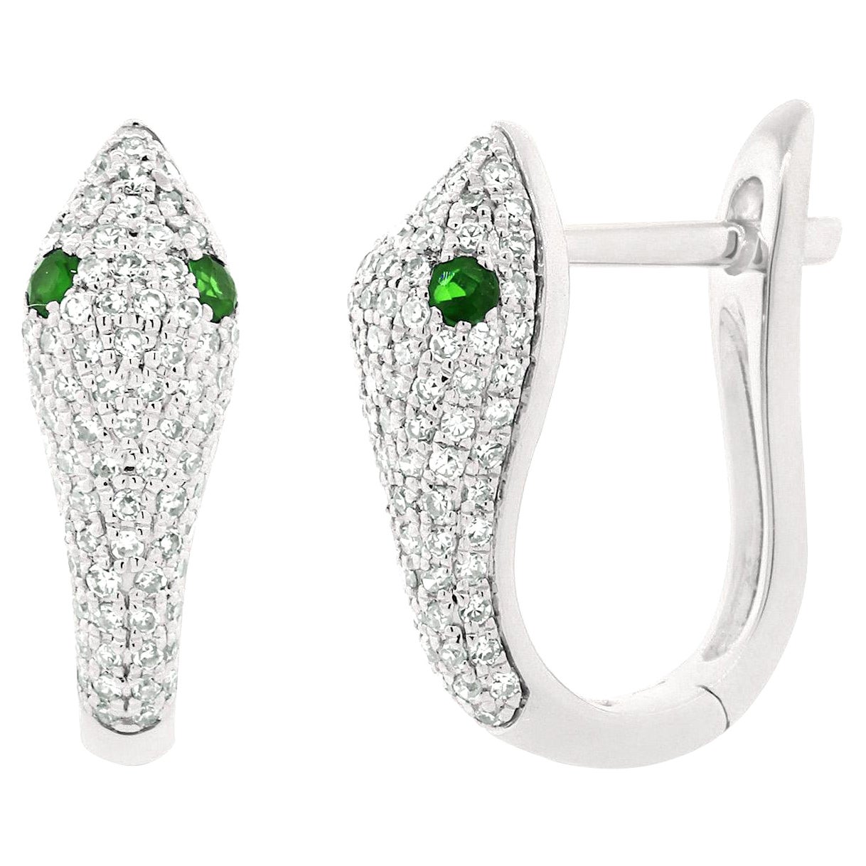 14K White Gold 0.46 Carat Diamond & Tsavorite Snake Huggie Earrings For Sale
