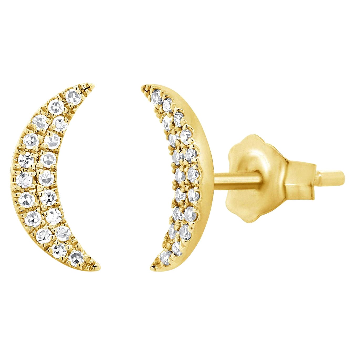 14K Yellow Gold 0.12 Carat Diamond Pave Moon Stud Earrings For Sale