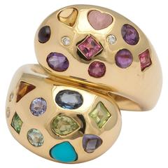 1980s Multi-Gemstone Gold Double Snake Head Crossover Ring