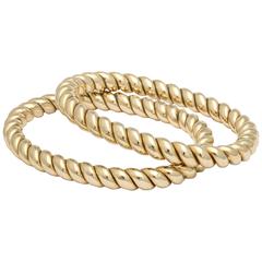 1960's Textured Gold Twist Design Pair Of Stylish Hinged Bangle Bracelets