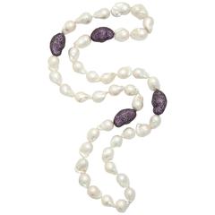 1990s Amethyst Jumbo Baroque Pearl Long Impressive Necklace