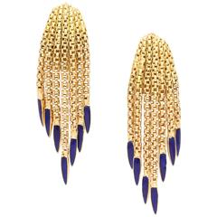 1970s Delightful Blue Enamel Gold Flexible Tassel Fringe Chain Earrings