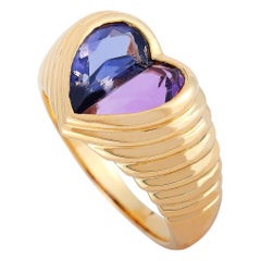 Bvlgari Doppio Herzförmiger Ring aus 18 Karat Gelbgold mit Amethyst und Iolith