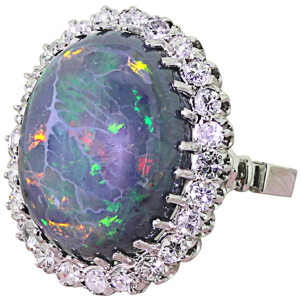 Mid Century 16.50 Carat Natural Black Opal Gold Cocktail Ring