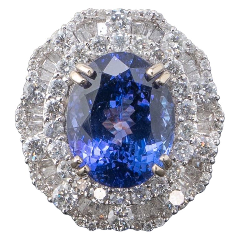 7.54 Carat Oval Shape Tanzanite and Diamond Cocktail Ring For Sale