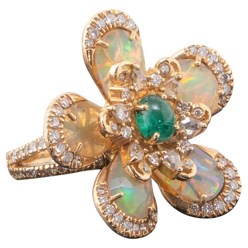 Opal, Emerald and Diamond 18k Gold Floral Cocktail Ring For Sale