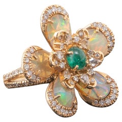 Opal, Emerald and Diamond 18k Gold Floral Cocktail Ring