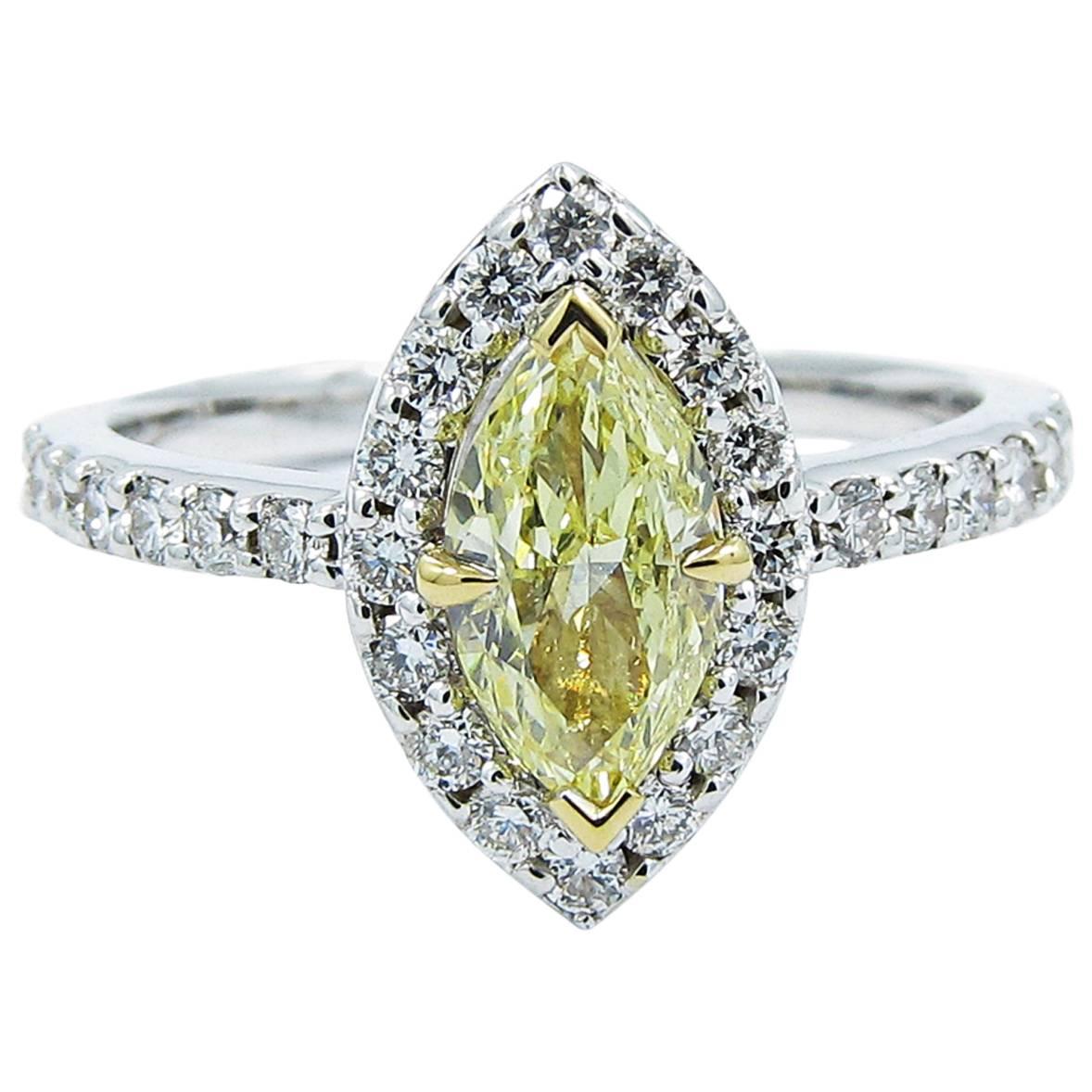 Fancy Yellow GIA Certified Marquise Diamond Gold Engagement Ring For Sale