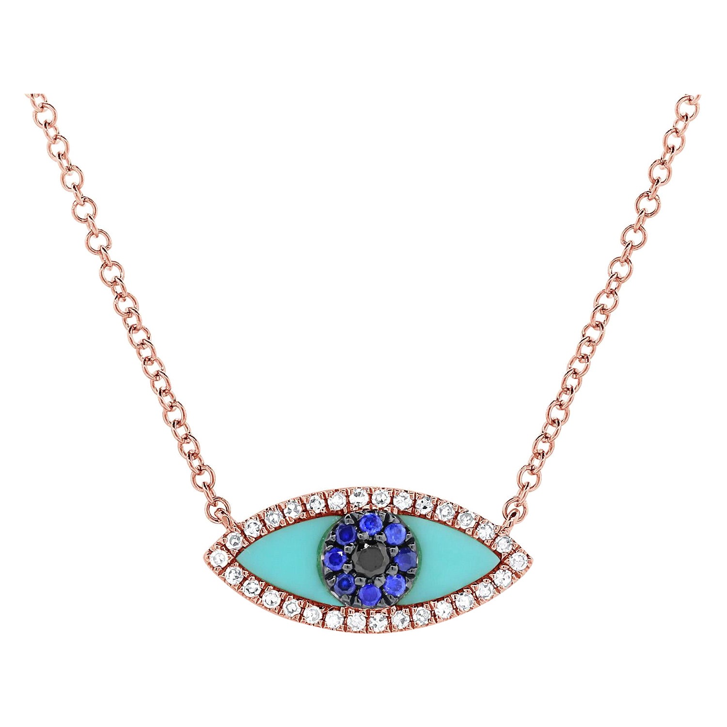 14K Rose Gold 0.08 Carat Diamond Sapphire & Turquoise Evil Eye Necklace For Sale