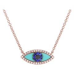 Collier Evil Eye en or rose 14 carats avec diamants, saphirs et turquoises de 0,08 carat