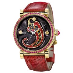 Reloj Oro Amarillo Zafiros Rubí Lagarto Correa Decorada a Mano con MicroMosaico