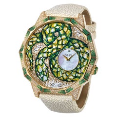 Watch Automatic Gold White Diamonds Emeralds Galuchat Strap Nano Mosaic