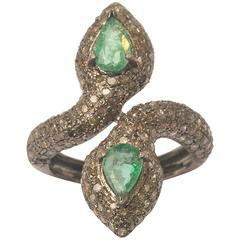 Double-headed Pear-Shaped Emeralds with Pave`set Diamonds, Sterling Snake Ring 