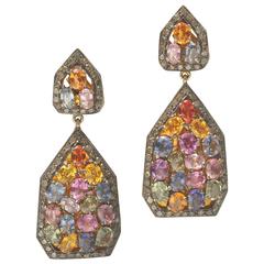 Multi-colored Sapphire Pave Set Diamond Gold Border dangle Earrings