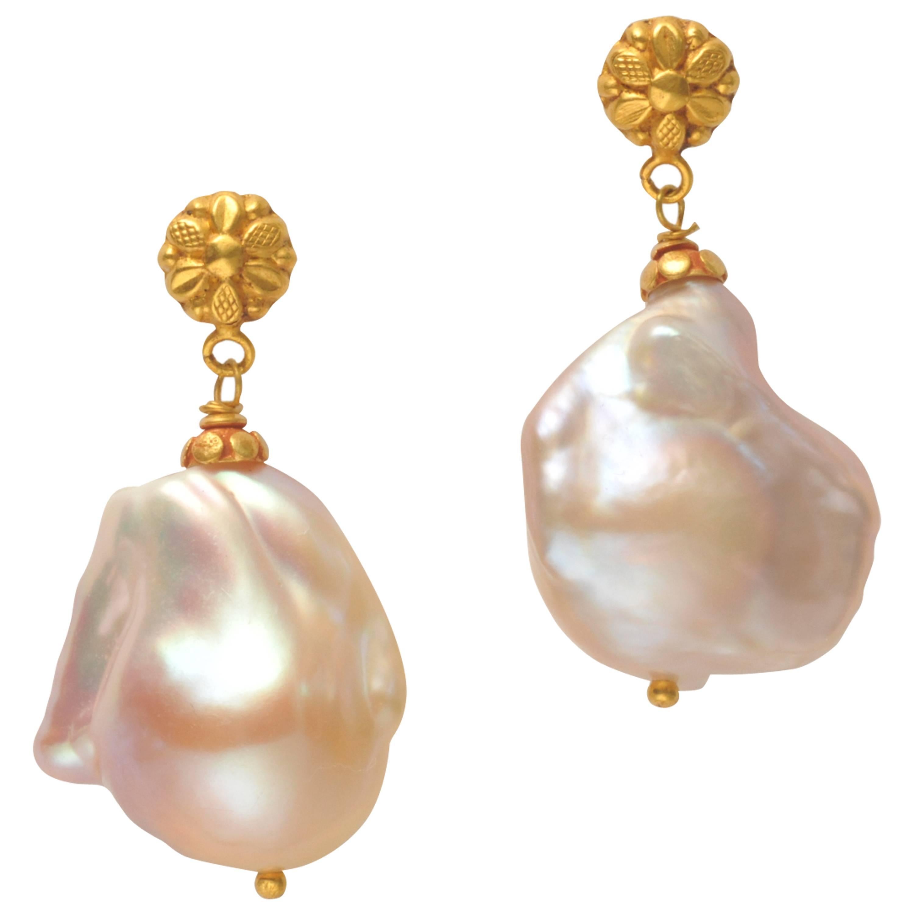 Rare Blush Pink Baroque Pearl Gold Dangle Earrings