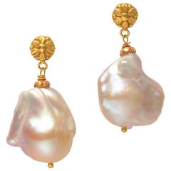 Rare Blush Pink Baroque Pearl Gold Dangle Earrings