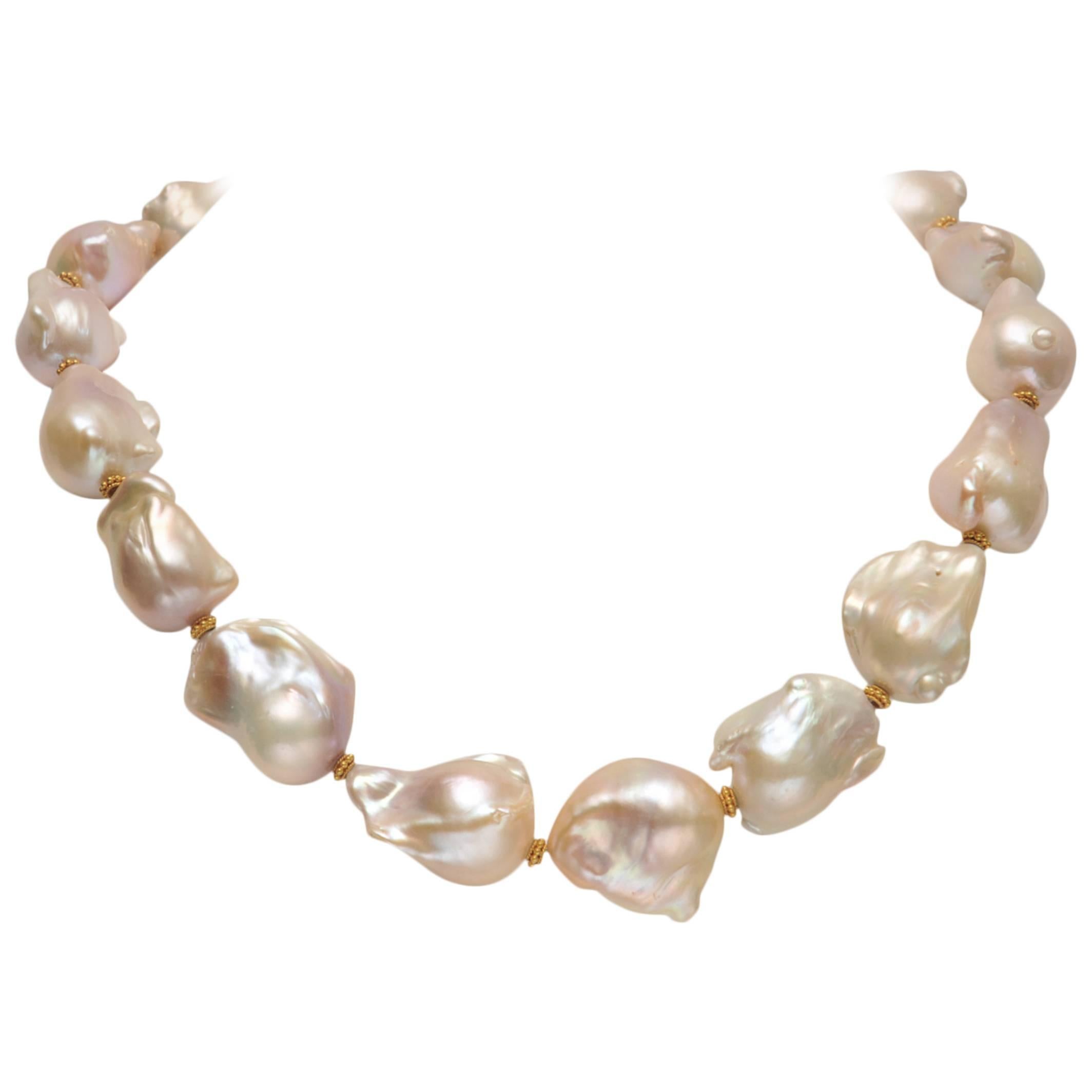 Blush Pink Baroque Pearl and 22K Gold Beaded Necklace at 1stDibs | pink ...
