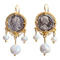 Boucles d'oreilles en argent sterling doré et or 24 carats avec pièces de monnaie romaines S. Séverus et Julia Domna