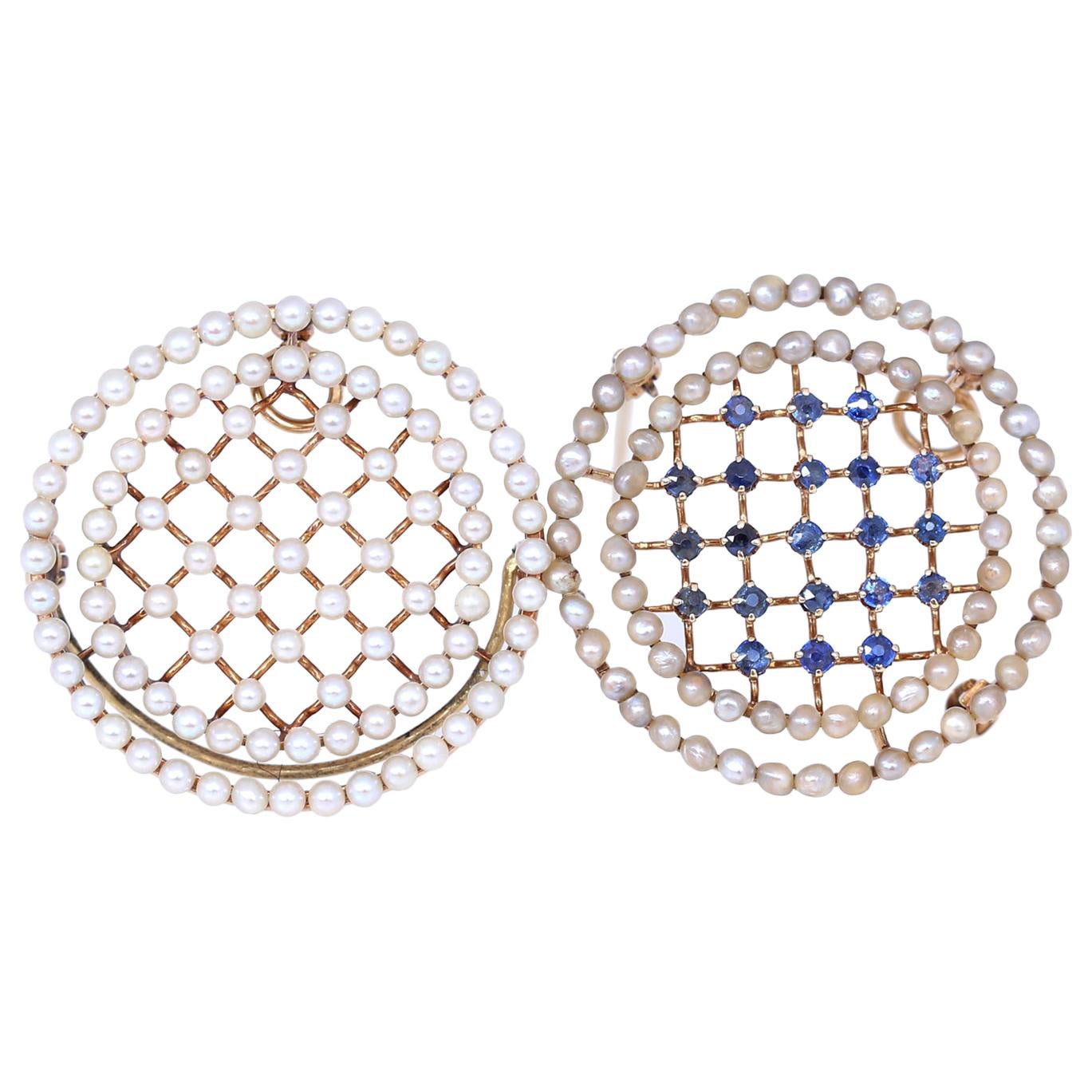 Edwardian Pearls Sapphires 14 Karat Yellow Gold Pair of Brooches Pendants