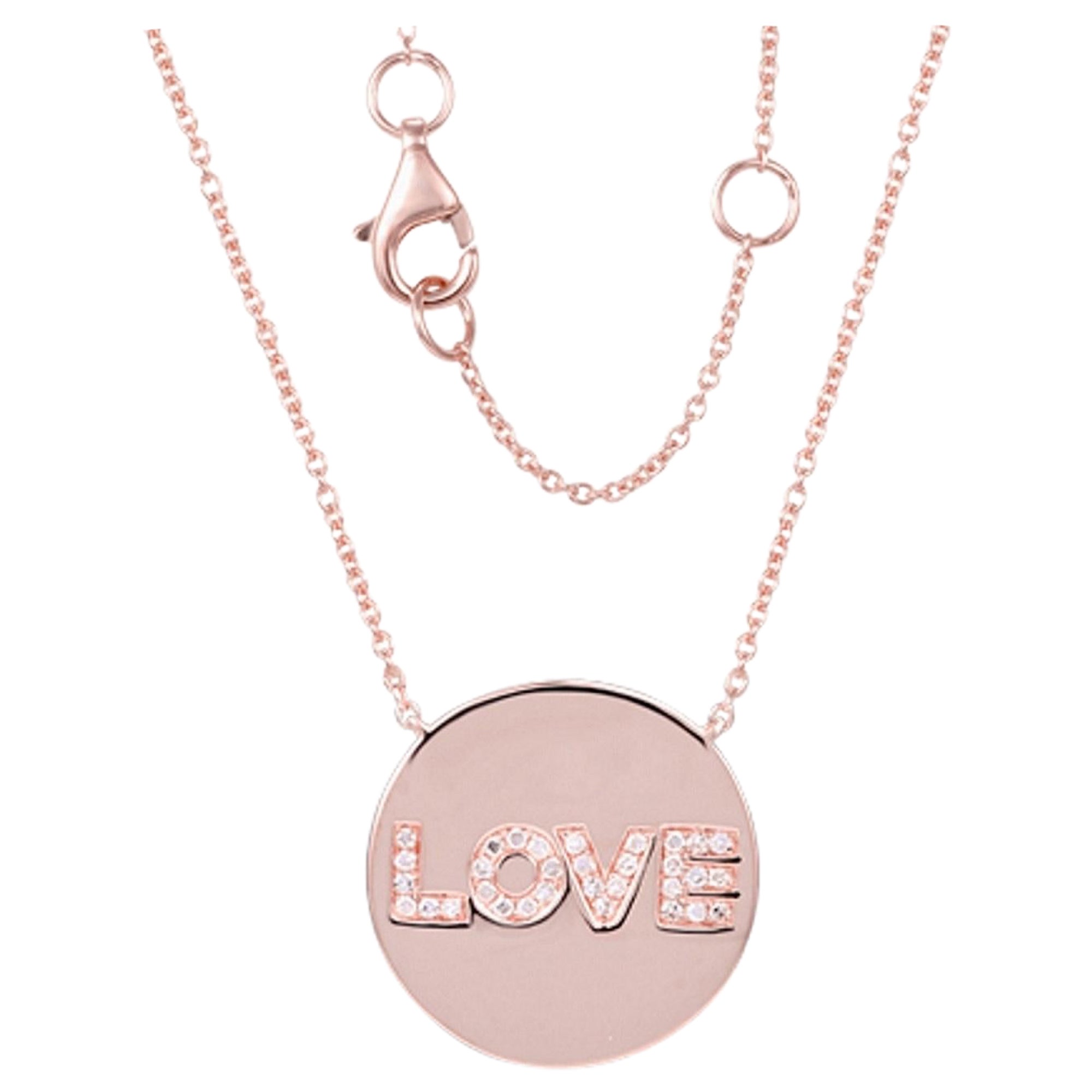 14 Karat Rose Gold 0.09 Carat Diamond Love Disc Necklace For Sale