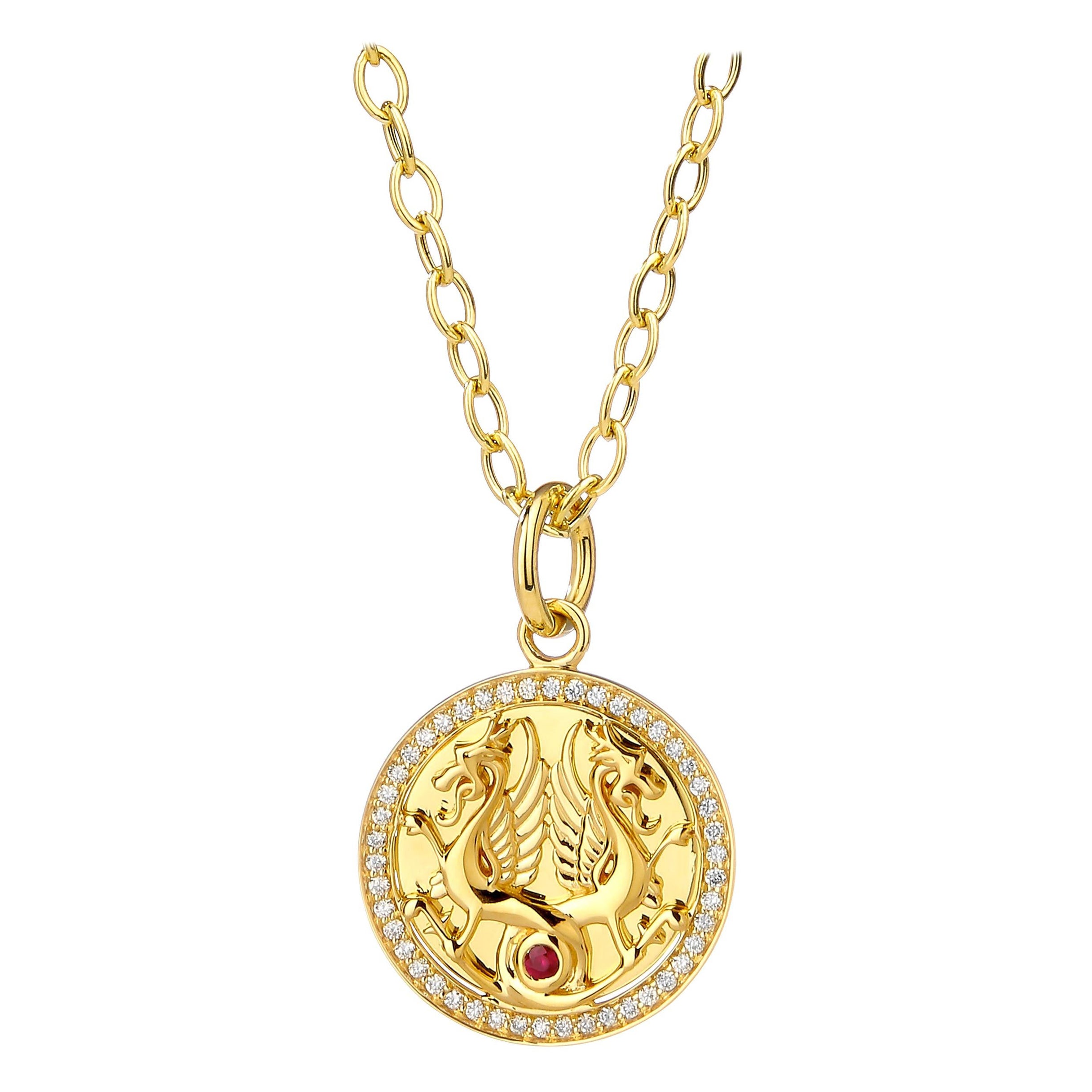 Syna Yellow Gold Dragon Pendant with Ruby and Diamonds