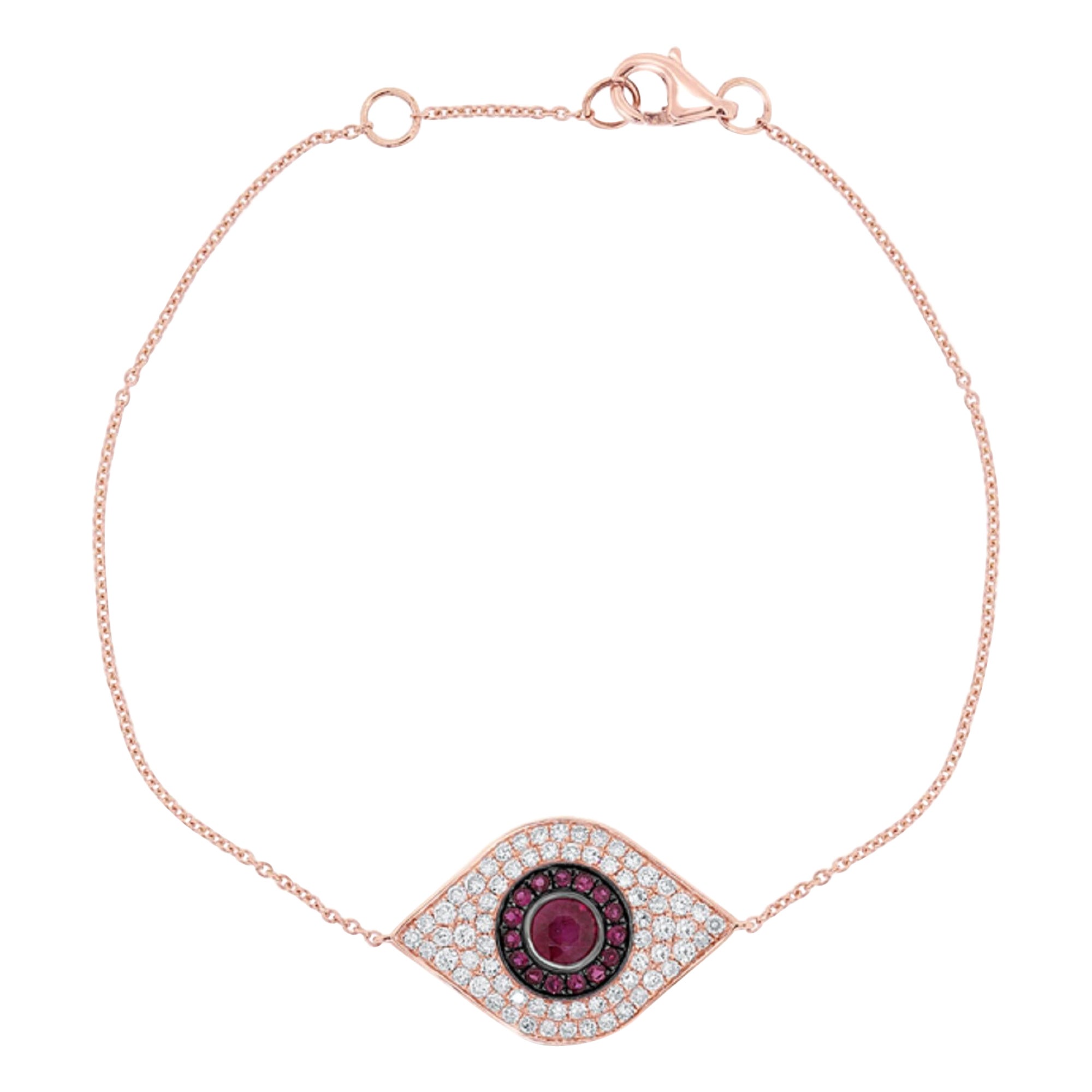 14 Karat Rose Gold 0.37 Carat Diamond and Ruby Evil Eye Bracelet For Sale