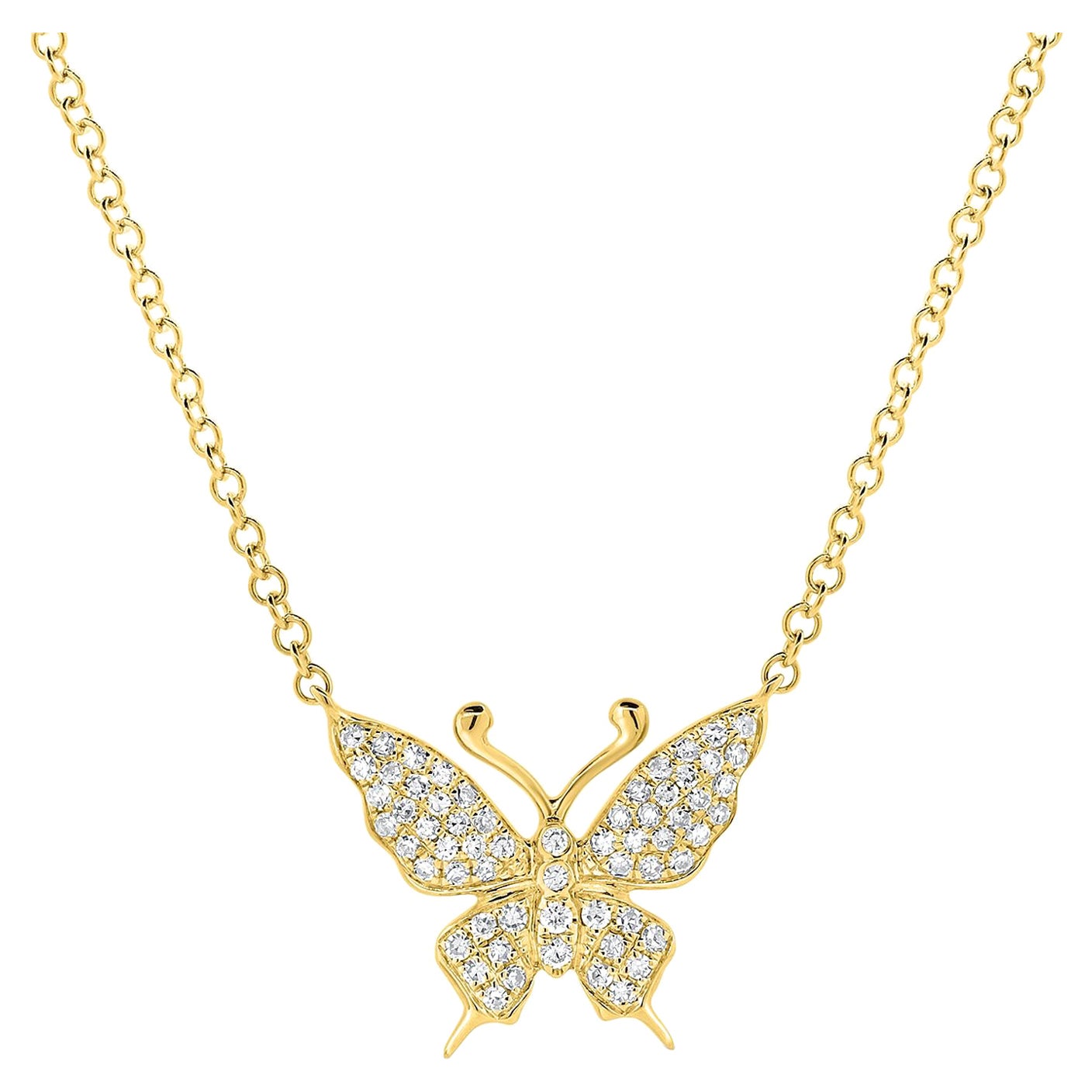 14 Karat Yellow Gold 0.16 Carat Diamond Butterfly Necklace For Sale