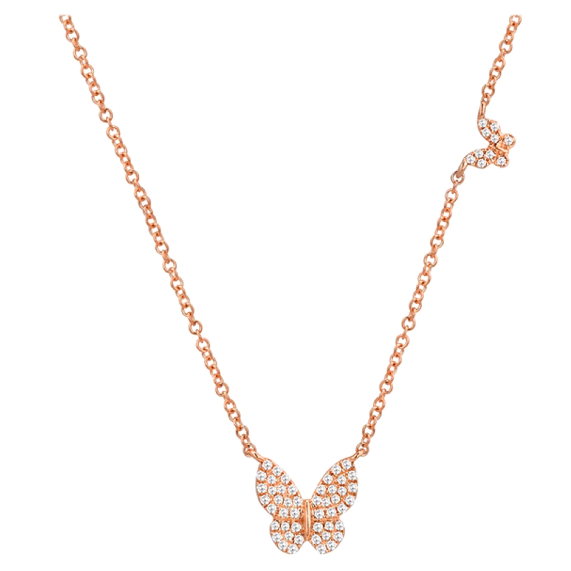 14 Karat Rose Gold 0.19 Carat Diamonds Butterfly Necklace For Sale