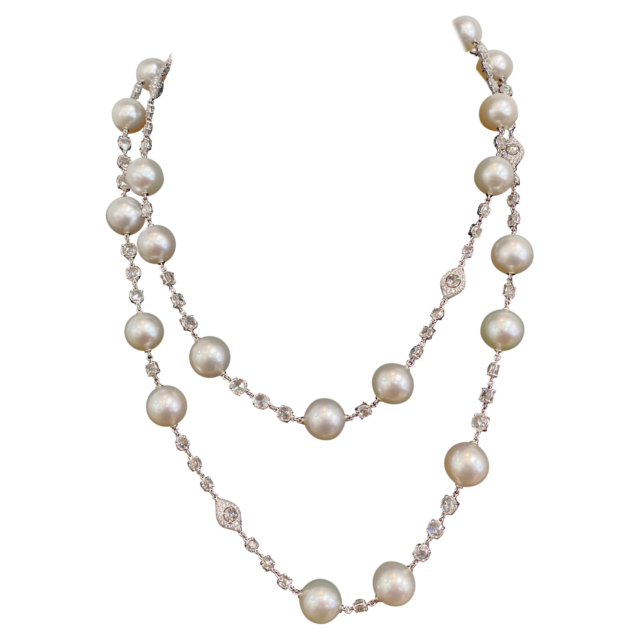 18 KT White Gold Diamond and South Sea Pearl Necklace For Sale