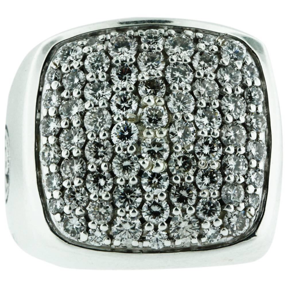 A stunning David Yurman silver and diamond ring. It holds 64 round brilliant cut diamonds weighing 1.62cts, a bright white GH color and a crisp clean VS-SI clarity with very good cut. The beautifully pave set ring is brilliantly dramatic and