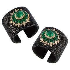 Stylish Pair of Cabochon Emerald and Diamond Bangles