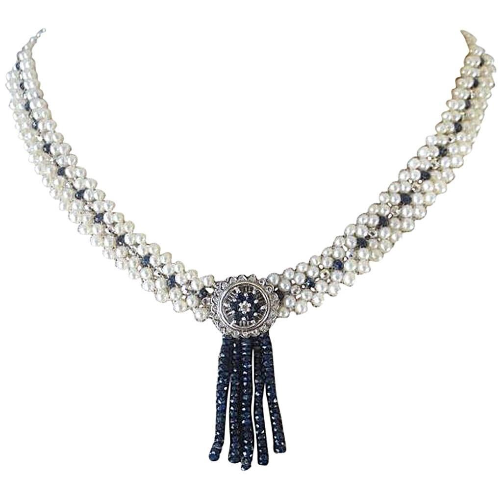 Marina J Cultured White Pearl Sapphire Gold Bead Drop Necklace